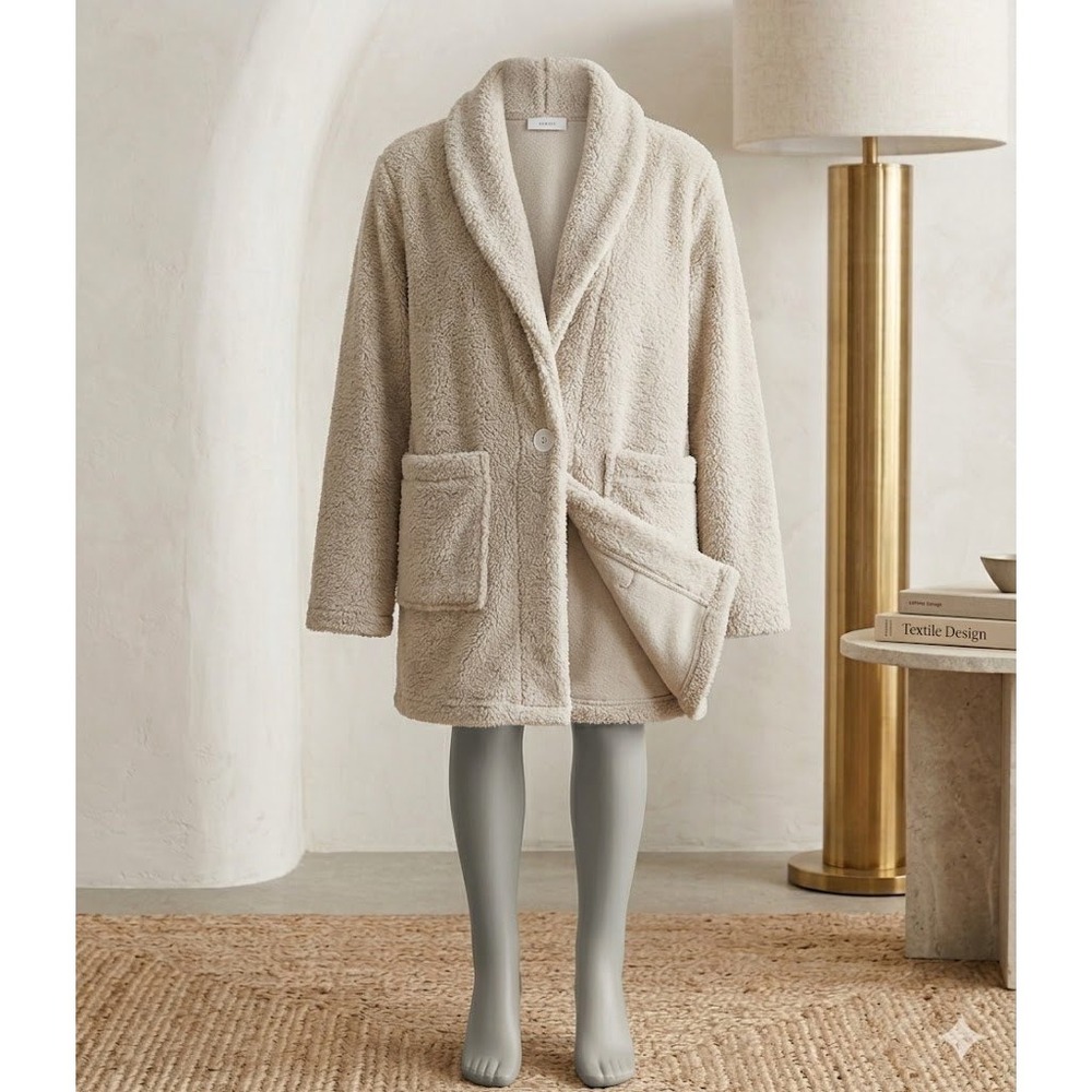 Stan Herman Cream Fleece Shawl Collar Robe Button Front Pockets Small Loungewear